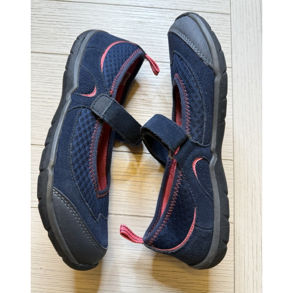 Lands End Blue W/ Pink Mary Jane Flats W/ Hook & Loop Close. Women's Sz 10 B